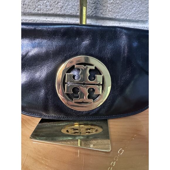 Tory Burch Reva Black Leather Purse Detachable Gold Chain Strap Crossbody Clutch - Picture 7 of 7